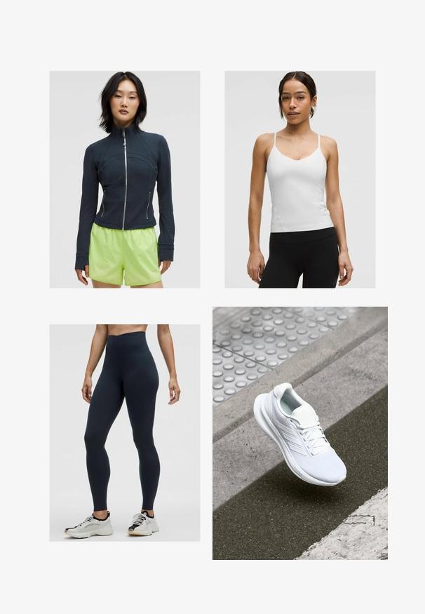 Tengerészkék zipzáras dzseki magas nyakkal. Simogatós, rugalmas anyag kerek varrásokkal és két oldalsó cipzárral. Élénk lime zöld rövidnadrággal párosítva.; Fehér pántos top vékony pántokkal, V-nyakú kivágással és testhez simuló fazonnal. Sima anyag, minimális részletezés, fekete leggings-szel viselve.; Magas derekú, sötétkék leggings, rugalmas anyagból, sima felülettel és testhezálló dizájnnal. Fehér és fekete sportcipővel viselve.; Fehér sportcipő hálós felsőrésszel, fűzős kialakítással és texturált talppal. Diszkrét logózás és zökkenőmentes kivitelezési részletek láthatók.