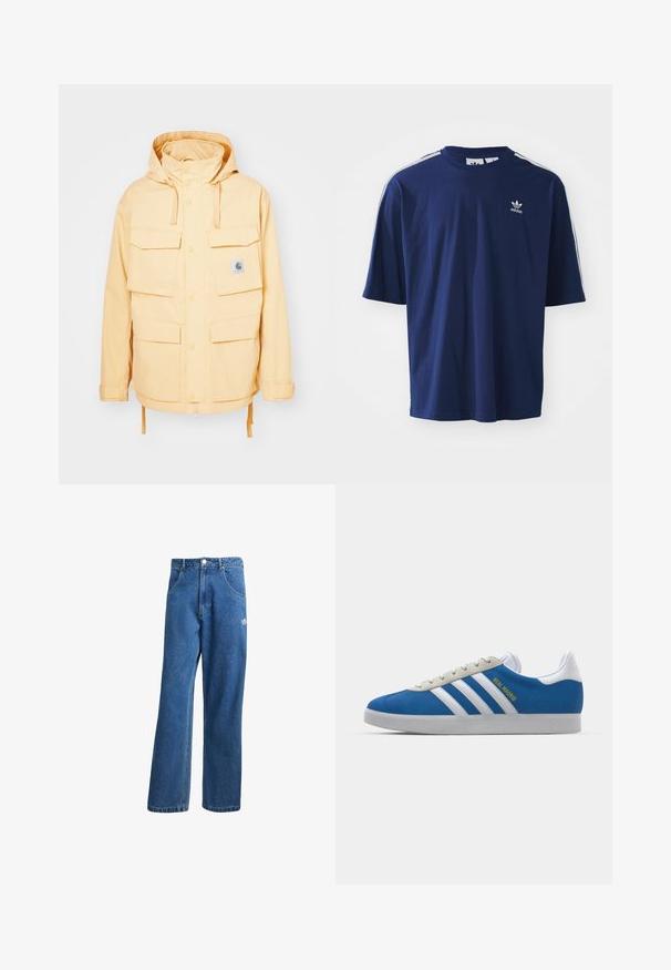 Jachetă impermeabilă galbenă cu glugă, multiple buzunare frontale, închideri cu capse și tiv ajustabil cu șnur. Fabricată dintr-un material rezistent.; Tricou din bumbac de culoare albastru închis, cu mâneci scurte, gât rotund, trei dungi albe pe umeri și un mic logo alb pe piept.; Jeans din denim cu talie înaltă, cu picioare largi, de culoare albastră, cu buzunare frontale, bucle pentru centură, închidere cu nasture și un mic logo Adidas pe coapsa dreaptă.; adidas Originals ADIDAS GAZELLE SHOES - Ghete de fotbal de sală - real madrid/bluebird/footwear white/crew yellow