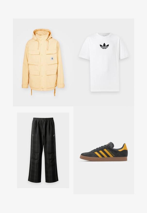 Yellow waterproof jacket with a hood, multiple front pockets, snap closures, and a drawstring hem. Made from durable fabric.; White cotton T-shirt featuring a black Adidas logo at the center. Short sleeves and a crew neck design. Smooth texture.; Black plaid pants featuring an elastic waistband, two front pockets, and a loose fit with a straight leg design. Made from lightweight material.; Black suede sneaker with yellow accents, featuring three stripes and a brown rubber sole. Includes a padded tongue for comfort.