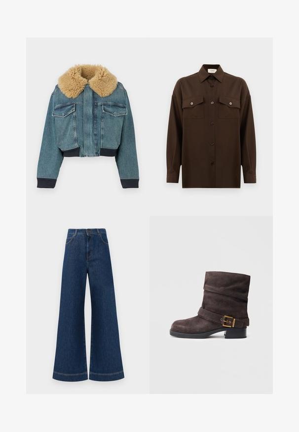 Denimjack met grote beige nepbontkraag, voorflappockets, geribde manchetten en geribde tailleband op een witte achtergrond.; Donkerbruin langarm overhemd met knopen, voorzien van twee zakken met klep op de borst en een klassieke kraag, weergegeven tegen een effen witte achtergrond.; Brede blauwe denimjeans met een hoge taille, voorzien van een knoopsluiting, riemlussen en subtiele stikdetails langs de zakken en zoom.; Bruine suède enkellaars met een slouchy ontwerp, een gespband en een zwarte lage hak, met een gladde textuur en een klassieke vorm.