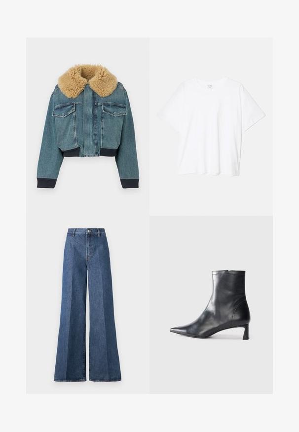 Giacca di jeans con ampio colletto in pelliccia sintetica beige, tasche con pattina frontali, polsini a costine e vita a costine su sfondo bianco.; T-shirt bianco in cotone con maniche corte, scollo rotondo, vestibilità comoda e orlo cucito. Etichetta visibile all'interno del colletto.; Jeans in denim blu a gamba larga con vita alta, caratterizzati da un classico stile a cinque tasche e chiusura con bottone, realizzati in tessuto di cotone testurizzato.; Stivaletto in pelle nera con punta affusolata e design elegante. Presenta un tacco basso e una chiusura con zip sul retro. Texture liscia.