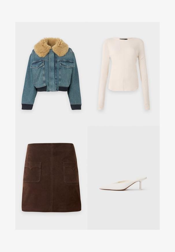 Kurtka dżinsowa z dużym beżowym kołnierzem z sztucznego futra, przednimi kieszeniami z klapkami, ściągaczami na mankietach i u dołu na białym tle.; Długi rękaw, jasnobeżowa bluzka z okrągłym dekoltem. Wykonana z miękkiego materiału, posiada centralny szew oraz lekko zaokrąglony dół. Brak widocznych elementów metalowych.; Brązowa zamszowa spódnica w klasycznym kształcie A, z dwiema przednimi kieszeniami z zaokrąglonymi klapami i subtelnymi detalami szewnymi.; Białe mule z ostrym noskiem i niskim obcasem w kształcie słupka. Wykonane z gładkiego materiału o minimalistycznym designie i subtelnym brązowym detalem na podeszwie.