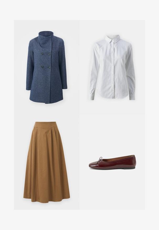 Sötétkék, texturált anyagú, dupla gombos kabát. Magas nyakkal rendelkezik, és két fekete gomb található rajta. Egyenes szabású, hosszú ujjaival.; Fehér, sima pamutből készült gombos ing, klasszikus gallérral, hosszú ujjakkal és ívelt hemvéggel. A gombok kicsik és fehérek.; Barna pamut A-vonalú szoknya magas derékkal, elöl pliszézett és sima textúrával. Az alsó szegélyek letisztultak és egyszerűek.; Burgundi lakkbőr balettcipő kerek orral, elöl kis masni díszítéssel és alacsony, fekete gumi talppal. Simára csiszolt felület.