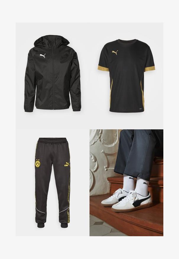 Czarna kurtka przeciwwiatrowa wykonana z lekkiego materiału, z kapturem, zamkiem błyskawicznym z przodu oraz białym logo na lewej piersi.; Czarny sportowy T-shirt z złotymi akcentami na rękawach i boku. Posiada okrągły dekolt, krótkie rękawy oraz materiał odprowadzający wilgoć DRYCELL.; Czarne sportowe spodnie z żółtymi logo Borussia Dortmund BVB 09 i Puma King, elastyczną talią oraz wzorzystymi żółtymi paskami po bokach.; Sneakers Puma w białym i czarnym zamszu, z brązową gumową podeszwą. W połączeniu z białymi skarpetkami z czarnym logo, noszone z ciemnymi spodniami.