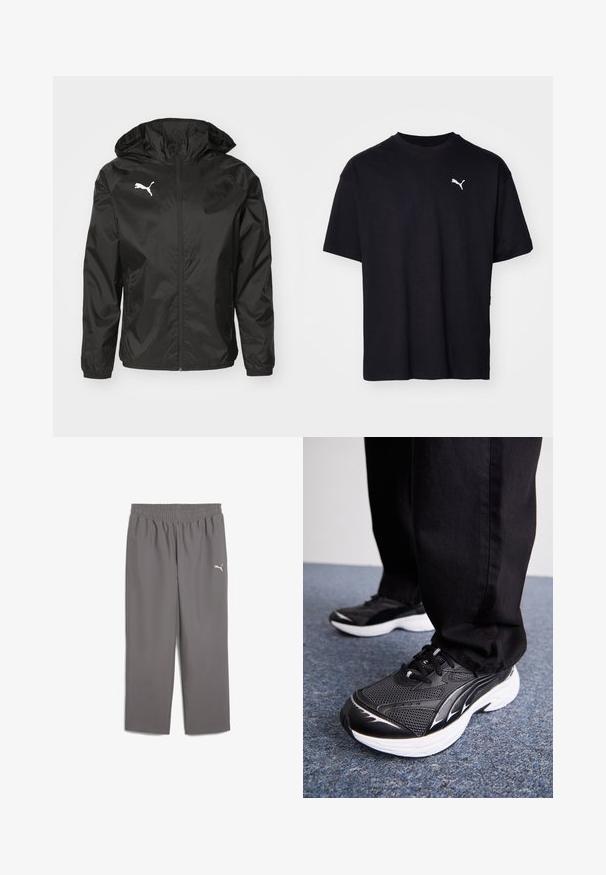 Black windbreaker jacket made of lightweight material, featuring a hood, front zipper, and a white logo on the left chest.; Black cotton t-shirt with short sleeves, round neckline, and a white Puma logo on the upper left chest. Classic fit, smooth texture.; Gray athletic pants with an elastic waistband, made of lightweight fabric. Features a small white logo on the left leg.; Black athletic shoes with mesh fabric, white sole, and black accents. Tread is textured. Worn with black pants on a blue carpeted surface.