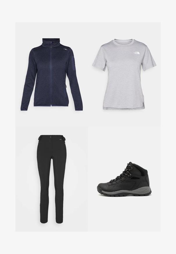 CMP Spordijakk - blue; Hall juppuvarrega, pehmeast, niiskust eemaletõukavast kangast lühikeste varrukatega hall T-särk. Omab ümarat kaelust ning väikest valget logo vasakul ülal.; Mustad, hästi istuvad püksid, mis on valmistatud paindlikust materjalist. Omadusteks on lukuga küljetasku, artikeeritud põlved ja sile pind.; Mustarjaline matkasaabas, millel on keskmine disain, tekstuuriga ülemine osa, hallid aktsendid ja vastupidav kummist põhi, millel on haardelugesid.