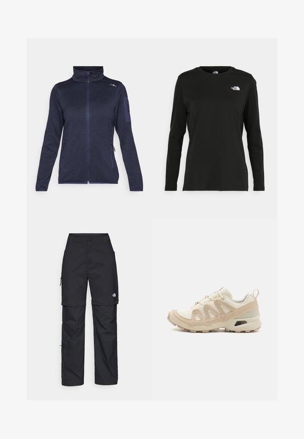 CMP Športna jakna/jopica - blue; Črna majica z dolgimi rokavi iz bombaža z okroglo izrezom. Ima majhen bel logotip na levem prsnem delu. Enostaven dizajn in prileganje.; Črne najlon hlače z zipom, ki se lahko odstranijo, s prilagodljivimi manšetami, več žepi in logotipom na desni nogi. Gladka, lahka tekstura.; Bež in krem športni čevlji z teksturiranim mrežastim zgornjim delom, podpornimi prekrivali in gumijastim podplatom z vzorcem za oprijem.