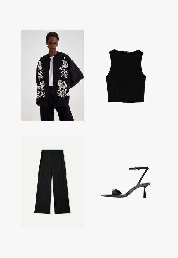 Čierna bunda s bielou kvetinovou výšivkou, patentnými gombíkmi a voľným strihom. Nakombinovaná s bielym tričkom a čiernymi nohavicami.; Čierny bezrukávový crop top vyrobený z hladkej tkaniny, so zaobleným výstrihom a čistým, jednoduchým dizajnom bez vzorov alebo kovania.; Bershka WIDE - Nohavice - black; Bershka Sandále na vysokom opätku - black