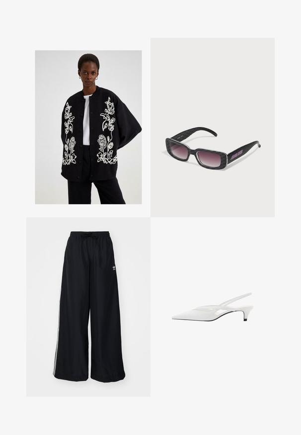 Musta takki, jossa valkoinen kukkakirjonta, painonapit ja rento istuvuus. Yhdistetty valkoiseen t-paitaan ja mustiin housuihin.; Mustat ribbikangasta crop-topit, joissa on säädettävät ohuet hihnat, kolme valkoista raitaa sivuilla ja pieni valkoinen Adidas-logo keskellä.; Mustat leveät housut, jotka on valmistettu kevyestä kankaasta. Varustettu joustavalla vyötärökaistalla, jossa on kiristysnauha, ja valkoisilla sivusuunnilla. Brändin logo lantiossa.; Valkeat nilkkaremmikengät, joissa on terävä kärki, sileä päällinen, hienovaraiset aukot ja matala lohkopohja. Musta pohja korostaa muotoilua.; Aurinkolasit, joissa on musta ruutukuvio, neliömäiset kehykset, liukuvärjätyt linssit ja violetit brändityön yksityiskohdat yhdellä varrella.