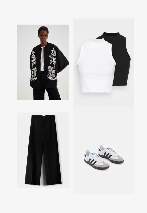 Sort oversized jakke med hvid blomsterbroderi foran, lavet af et blødt stof, med rund halsudskæring og trykknaplukning.; To kjoleløse ribbede turtleneck-toppe i sort og hvid, med en tætsiddende design og glat tekstur, samt cropped længde.; Sorte brede bukser lavet af letvægtsstof, med frontknaplukning og glat front, samt pænt syede kanter.; Sportsko med en overdel i hvid læder, grå ruskind på tåen og tre sorte striber. Har et blåt logo på tungen og en struktureret gummisål.