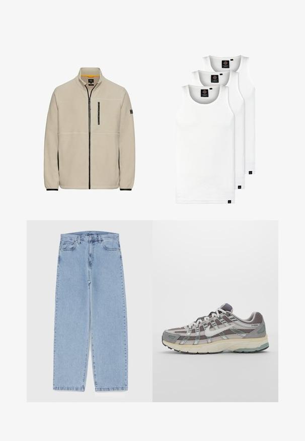 Beige Fleecejacke mit hohem Kragen, durchgehendem Reißverschluss vorne, schwarzer Reißverschlusstasche auf der Brust und kontrastierenden schwarzen Seiteneinsätzen.; Drei weiße, gerippte Tanktops aus Baumwolle. Merkmale einen Rundhalsausschnitt und kleine schwarze Etiketten am Saum. In mehreren Größen erhältlich.; Hellblaue Jeans aus Denim mit geradem Bein, ausgestattet mit einer mittelhohen Taille, fünf Taschen sowie einem Knopf- und Reißverschluss.; Grauer Sportschuh mit einem Obermaterial aus Mesh und Wildleder, weißen Akzenten, einer gepolsterten Sohle und einem charakteristischen Design mit reflektierenden Elementen.