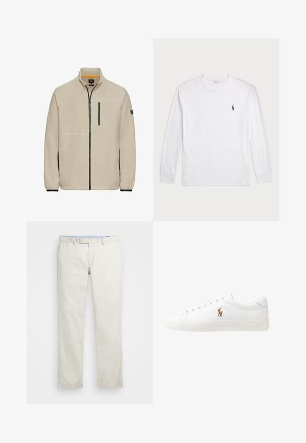 Beige Fleecejacke mit hohem Kragen, durchgehendem Reißverschluss vorne, schwarzer Reißverschlusstasche auf der Brust und kontrastierenden schwarzen Seiteneinsätzen.; Weißes Langarm-T-Shirt aus Baumwolle. Mit Rundhalsausschnitt, gerippten Bündchen und kleinem, dunkelblauem Polo-Logo auf der linken Brust.; Beige Baumwollchinos mit flachem Bund, Gürtelschlaufen und Seitentaschen. Gerades Bein-Design mit glatter Textur und leichtem, atmungsaktivem Tragegefühl.; Weiße Leder-Sneaker, niedrig geschnitten, mit glatter Textur, runder Zehenpartie, Schnür vorne und kleinem gesticktem Logo an der Seite.