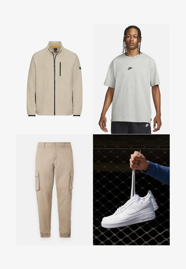 Beige fleecjas met een hoge kraag, volledige ritssluiting aan de voorkant, zwarte rits borstzak en contrasterende zwarte zijpanelen.; Jong persoon met gevlochten haar, gekleed in een lichtgrijs Nike T-shirt en zwarte Nike shorts tegen een effen witte achtergrond.; Beige cargobroek van lichtgewicht katoenen materiaal. Kenmerkend zijn de elastische boorden, meerdere zijzakken en een knoopsluiting.; Witte leren sneakers met perforaties, ronde neus, vlakke zool en dikke veters, met een zichtbare swoosh-logo en "AIR" op de hiel.