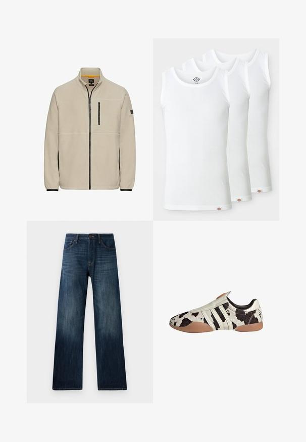 Beige fleece jacket with a high collar, full-length front zipper, black zippered chest pocket, and contrasting black side panels.; Three white tank tops made of ribbed cotton. Each has a round neckline and a small logo tag at the hem. Classic, simple design.; Dark blue denim jeans with a straight-leg design, featuring a lightweight texture, belt loops, and a classic five-pocket style.; White and black patterned leather shoes with a textured finish, featuring three white horizontal stripes and a brown rubber sole.