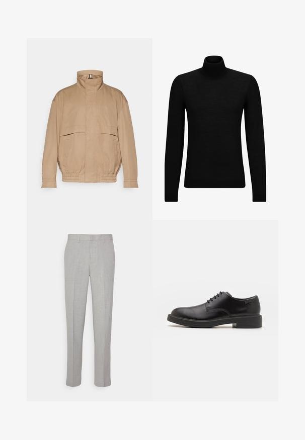 Hele pruun, kerge jakki pehmest kangast. Omab kõrget kraed, kahte esist taskut, elastset allääret ja mansetid.; Musthave muströid ja pehmest materjalist must turtleneck, millel on pikad varrukad ja tihe istuvus. Ribaga ääris allservas ja vöökohal. Lihtne disain.; Heledad hallid püksid sileda tekstuuriga, lame esiots ja sirged sääred. Valmistatud hingavast kangast, millel on sisepocketid ja vöölõngad.; Must beemel levalis kingad ümarate varvastega, sileda pinnaga, minimaalsete õmblustega ja madala kummist kontsaga. Logo kontsa peal.