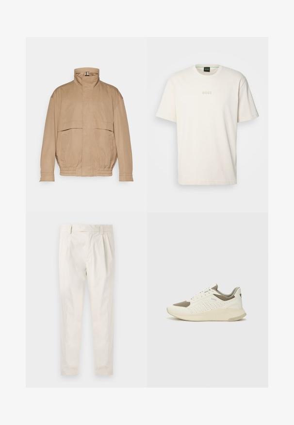 Svijetlosmeđi, lagani kaput od meke tkanine. Ima visoki ovratnik, dva prednja džepa, elastični rub i detalje na manžetama.; BOSS TEE - Osnovna majica kratkih rukava - open white; Bijele, naborane hlače s krojem po mjeri, koje imaju glatku teksturu, petlje za pojas i sužene nogavice. Nema vidljivih džepova ili uzoraka.; Bijele i svijetlosmeđe sportske tenisice, sa mrežastim gornjim dijelom, perforiranim detaljima i teksturiranim međutrakom sa brendom na peti.