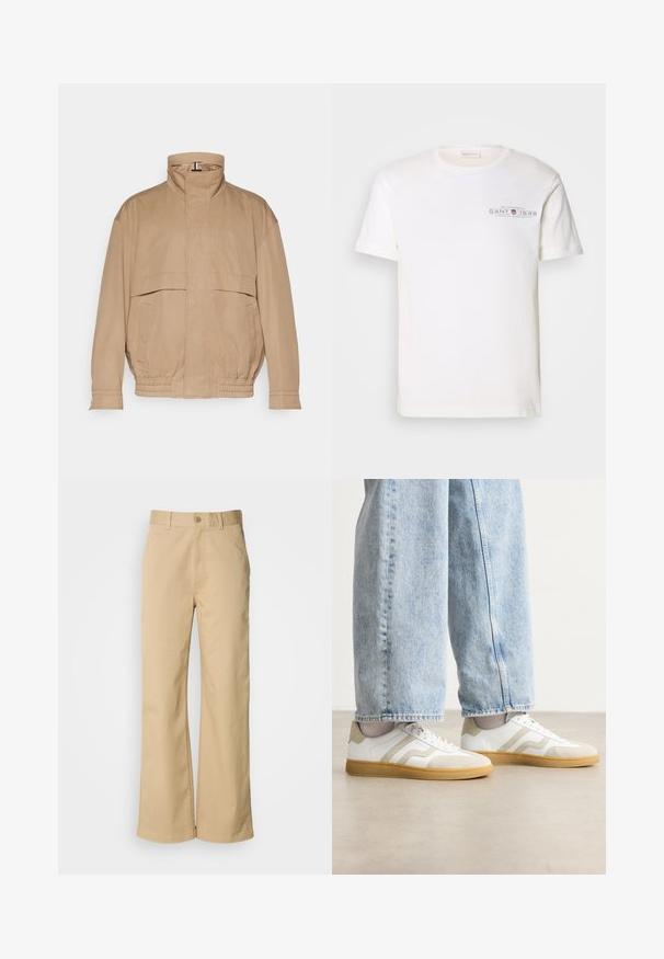 Light brown, lightweight jacket made of soft fabric. Features a high collar, two front pockets, elasticized hem, and cuff details.; White cotton t-shirt with a crew neck, short sleeves, and a printed logo. Features minimalist design and relaxed fit.; Beige, wide-leg pants made from a cotton blend. Features a button closure and belt loops. Smooth texture, with minimal stitching details.; White sneakers with beige suede accents and light rubber soles; features a low-top design and textured detailing on the upper.