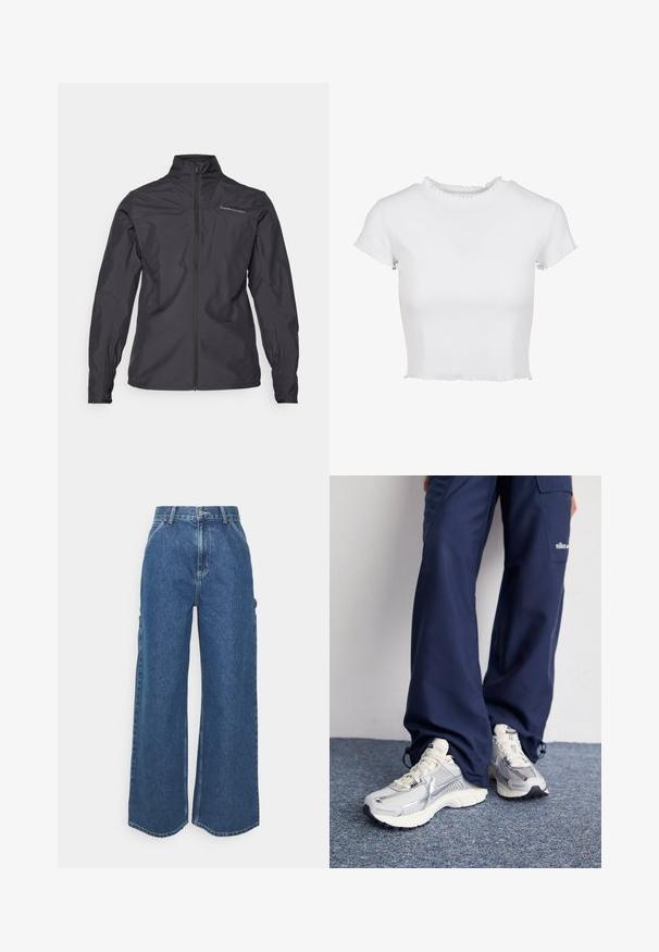 Schwarze leichte Jacke mit hohem Kragen, durchgehendem Reißverschluss, elastischen Bündchen und einem Logo auf der linken Brustseite. Glatte Textur.; Weißes, kurzgeschnittenes T-Shirt aus geripptem Stoff. Hat kurze Ärmel mit ausgefransten Kanten und einen runden Halsausschnitt mit Rüsche.; Weite blaue Denim-Hosen mit hoher Taille, kontrastierenden Nähten und Seitentaschen, ausgestattet mit einem klassischen Five-Pocket-Design und rohen Säumen.; Nike Sportschuhe mit einem silbernen Mesh-Obermaterial, weißen Akzenten und strukturierten Sohlen, kombiniert mit locker sitzenden marineblauen Hosen.