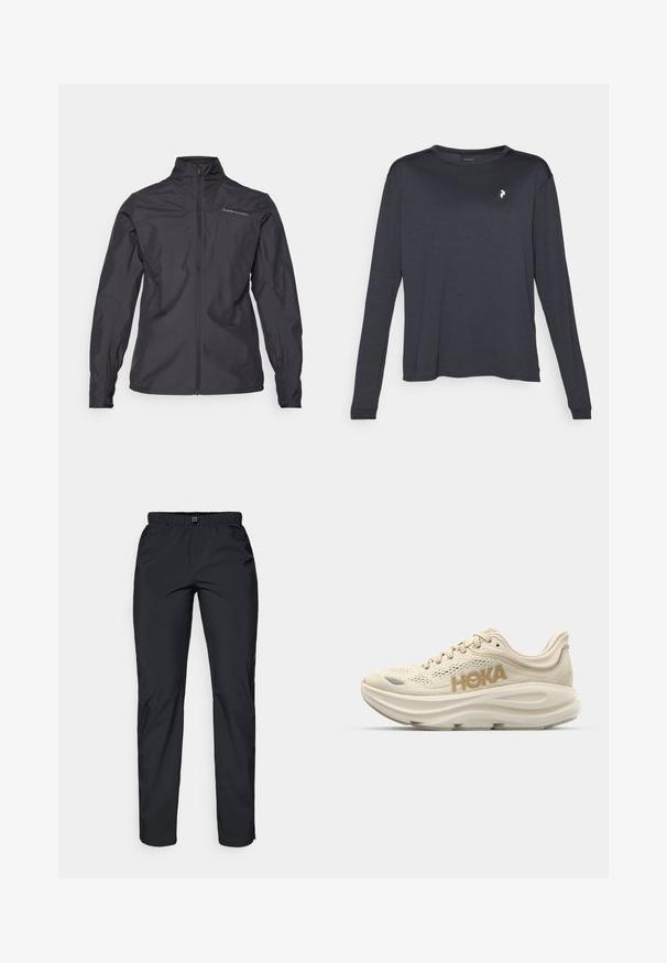 Černá lehká bunda s vysokým límcem, plným předním zipem, elastickými manžetami a logem na levé části hrudníku. Hladká textura.; Tmavé dlouhé rukávy tričko z texturované tkaniny, které má kulatý výstřih a malé bílé logo na levé části hrudi.; Černé, lehké, voděodolné kalhoty s elastickým pasem a dvěma postranními kapsami; hladká textura; rovný střih.; Světle béžová běžecká obuv s síťovinovým svrškem, polstrovaným límcem, výrazným zlatým logem "HOKA" a silnou polstrovanou podrážkou pro pohodlí.