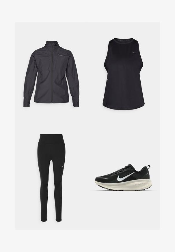 Zwarte lichtgewicht jas met een hoge kraag, volledige rits aan de voorkant, elastische manchetten en een logo op de linkerkant van de borst. Soepele textuur.; Zwarte mouwloze hardlooptanktop van lichtgewicht materiaal met een ronde hals; heeft een subtiel logo en zijslits voor ventilatie.; Zwarte leggings met een hoge taille, gemaakt van rekbaar materiaal. Voorzien van een klein wit logo aan de linkerkant en details in de zijnaad.; Zwarte Nike hardloopschoen met ademend mesh bovenwerk, witte swoosh-logo, gestructureerde details en een crèmekleurige ZoomX middenzool.
