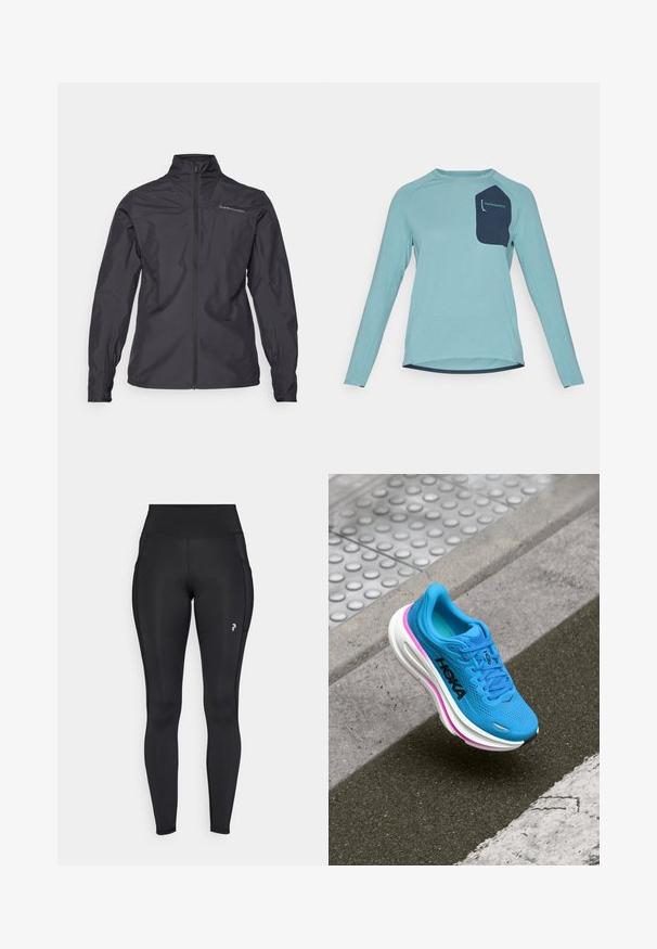 Schwarze leichte Jacke mit hohem Kragen, durchgehendem Reißverschluss, elastischen Bündchen und einem Logo auf der linken Brustseite. Glatte Textur.; Langarmshirt aus hellblauem strukturiertem Stoff. Besitzt eine marineblaue Tasche mit Branding. Rundhalsausschnitt und abgerundeter Saum.; Schwarze, knöchellange Leggings aus dehnbarem Material mit hoher Taille, seitlichen Taschen und einem kleinen Logo am linken Oberschenkel.; Blauer Laufschuh mit Mesh-Obermaterial, weißer Zwischensohle und pinken Akzenten; verfügt über ein strukturiertes Muster, ein Logo an der Seite und ein rundes Zehendesign.