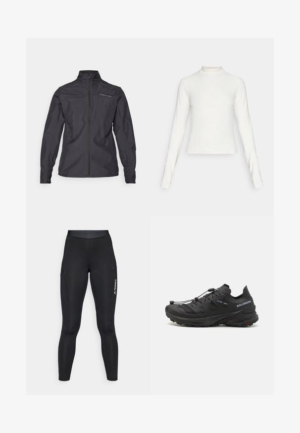 Černá lehká bunda s vysokým límcem, plným předním zipem, elastickými manžetami a logem na levé části hrudníku. Hladká textura.; Bílé atletické tričko s dlouhým rukávem, s vysokým límcem a malým centrálně umístěným logem na hrudi, vystavené na jednoduchém pozadí.; Černé sportovní legíny s přiléhavým střihem, vyrobené z elastického materiálu. Mají boční kapsy a bílé logo "TERREX".; Černé trailové běžecké boty s texturovaným svrškem, síťovanými panely a bezpečným zapínacím systémem. Mají robustní podešev pro trakci.