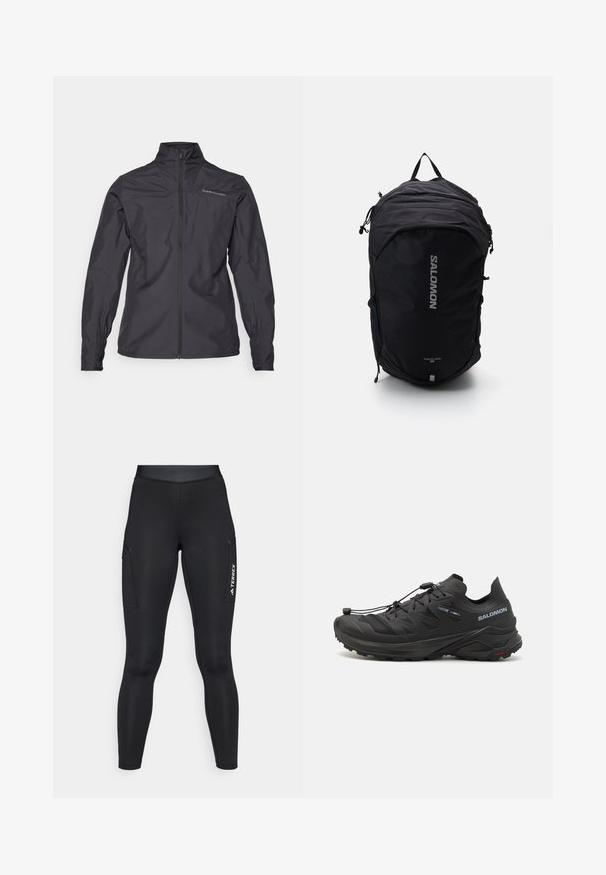 Μαύρο ελαφρύ μπουφάν με ψηλό γιακά, πλήρη μπροστινό φερμουάρ, ελαστικούς καρπούς και λογότυπο στην αριστερή περιοχή του στήθους. Απαλή υφή.; Λευκή αθλητική μπλούζα με μακριά μανίκια και κολάρο, με μικρό κεντρικό λογότυπο στο στήθος, τοποθετημένη σε απλό φόντο.; Μαύρες αθλητικές κολάν με εφαρμοστή σχεδίαση, κατασκευασμένα από ελαστικό υλικό. Διαθέτουν πλαϊνές τσέπες και λευκή επωνυμία "TERREX".; Μαύρα αθλητικά παπούτσια για τρέξιμο σε μονοπάτια με υφή στο επάνω μέρος, πλέγμα και ασφαλές σύστημα κλεισίματος. Διαθέτουν ραγισμένο εξωτερικό πέλμα για πρόσφυση.; Μαύρο σακίδιο με αεροδυναμικό σχεδιασμό, υφασμάτινη υφή, ρυθμιζόμενους ιμάντες και προεξέχοντα ασημένιο λογότυπο "SALOMON" στο μπροστινό μέρος.
