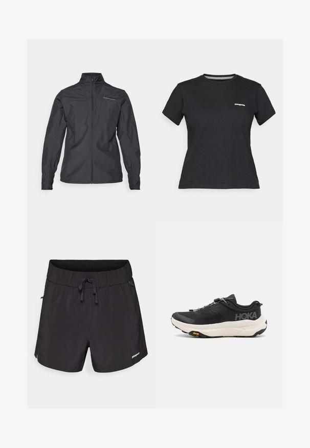 Sort letvægtsjakke med høj krave, full front lynlås, elastiske cuffs og et logo på venstre brystområde. Glat tekstur.; Sort bomulds T-shirt med rund hals og korte ærmer. Har et hvidt "Patagonia" logo på venstre bryst.; Sorte svømshorts lavet af letvægtsstof, med elastisk talje, snoretræk og sidelommer for funktionalitet.; Sorte løbesko med et åndbart mesh-overdel, gummisåler, hvid dæmpningsmellemsål og reflekterende snørebånd. Vibram-logo på sålen.