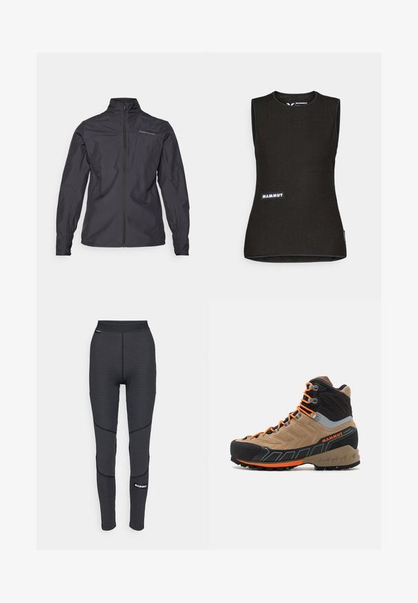 Veste légère noire avec un col montant, zip frontal complet, poignets élastiques et un logo sur la partie gauche de la poitrine. Texture lisse.; T-shirt sans manches noir avec un motif texturé, doté d'un col rond et d'un logo "MAMMUT" à l'avant. Fabriqué en matériau respirant.; Leggings de sport noirs avec des panneaux texturés et des coutures renforcées, présentant un logo de marque et une large ceinture élastique.; Botte de randonnée montante beige et noire avec des lacets orange, capuchon en caoutchouc sur le bout, tige texturée et semelle robuste. Présente un support de cheville renforcé.