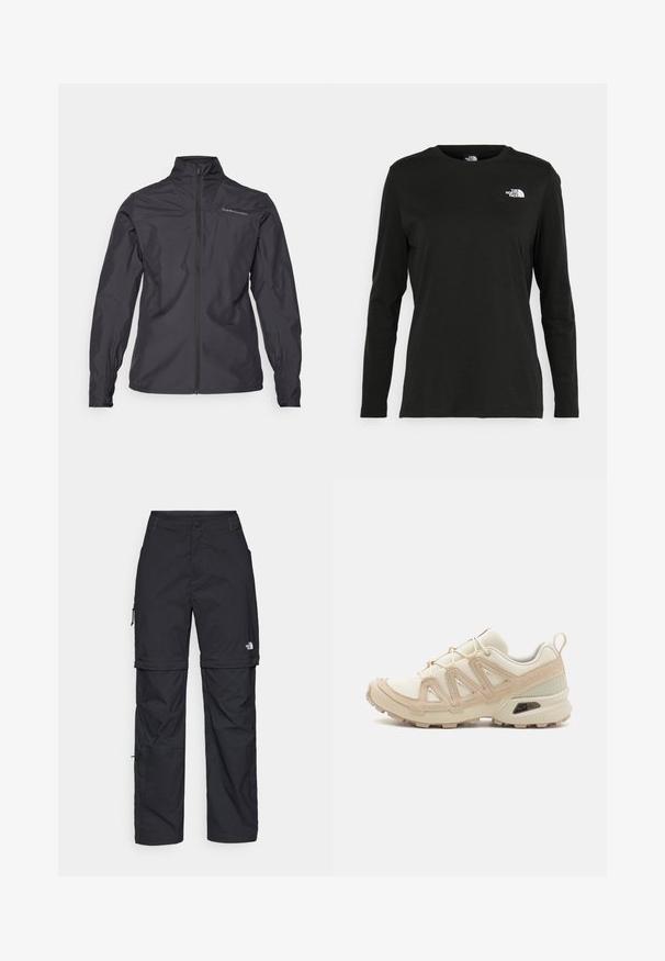 Chaqueta ligera negra con un cuello alto, cremallera frontal completa, puños elásticos y un logo en la parte izquierda del pecho. Textura suave.; Camiseta de manga larga negra de algodón con cuello redondo. Presenta un pequeño logotipo blanco en la parte izquierda del pecho. Diseño y ajuste simples.; Pantalones cargo de nailon negro con cremallera desmontable, puños ajustables, múltiples bolsillos y un logotipo en la pierna derecha. Textura suave y ligera.; Zapatilla deportiva beige y crema con parte superior de malla texturizada, superposiciones de soporte y suela de goma con un patrón de tracción.