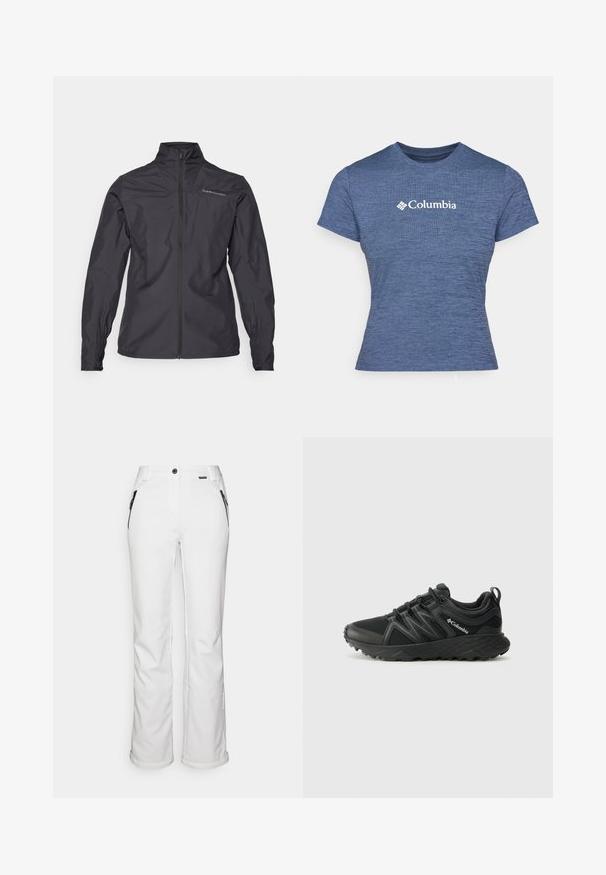 Black lightweight jacket featuring a tall collar, full front zipper, elastic cuffs, and a logo on the left chest area. Smooth texture.; Blue short-sleeve t-shirt made of textured fabric, featuring a white Columbia logo on the chest, round neck, and fitted design.; White ski pants with a straight-leg design, featuring black zippered pockets and a button closure at the waist. Smooth, durable fabric.; Columbia PEAKFREAK - Hiking shoes - black