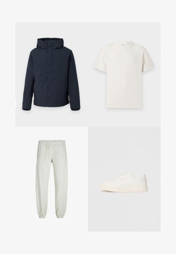 Tums zila ūdensnecaurlaidīga jaka ar kapuci, kas raksturojas ar taisnu griezumu, garām piedurknēm un minimālistisku dizainu bez redzamām aizdaru detaļām vai rakstiem.; Balta krūštura īsām piedurknēm ar ribota auduma faktūru. Apaļš kakla izgriezums, brīvs griezums, bez redzamām rakstām vai akcentiem. Vienkāršs un daudzpusīgs dizains.; Baltas treniņbikses, izgatavotas no mīkstas auduma, ar elastīgu jostu un piedurknēm, gluda tekstūra un brīva piegriezuma dizains.; Baltas slip-on sporta apavi ar teksturētu virsmu, biezu zoli un minimālistisku dizainu. Sānos redzams zīmola logotips.