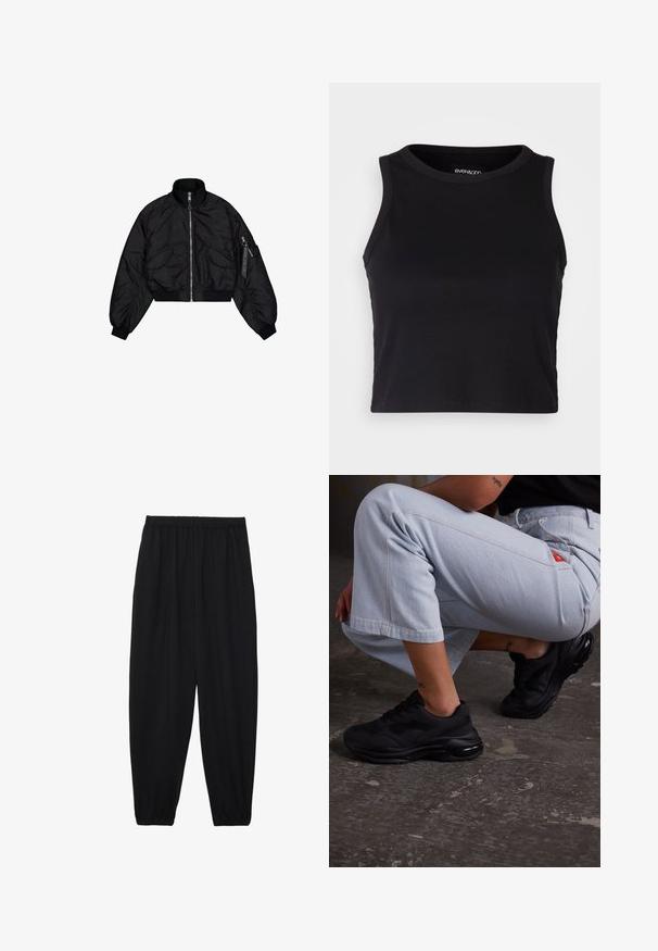 Must mängiv bomber-jakk kõrge kaelusega, lukuga kinnitamine, elastsete mansettidega ja kahe esisegmendiga. Sile, läikiv tekstuur, millel on kerge sära.; Mustard ribaga lõhikuga crop top, millel on ümar kaelus ja ilma varrukateta disain. Valmistatud pehmest ja venivast kangast, millel on puhtad äärised.; Mustad, kerge kangas püksid elastse vöökoha ja kokku volditud pahkluudega. Kanga pind on sile ja disain on lõdvestunud, kitsenev.; Mustad mustasportlikud sneakers, millel on tekstuuriga pealne, paks tald ja õhukaitsmed. Kombineeritud helesiniste lühikeste pükste ja juhusliku kehahoiakuga.