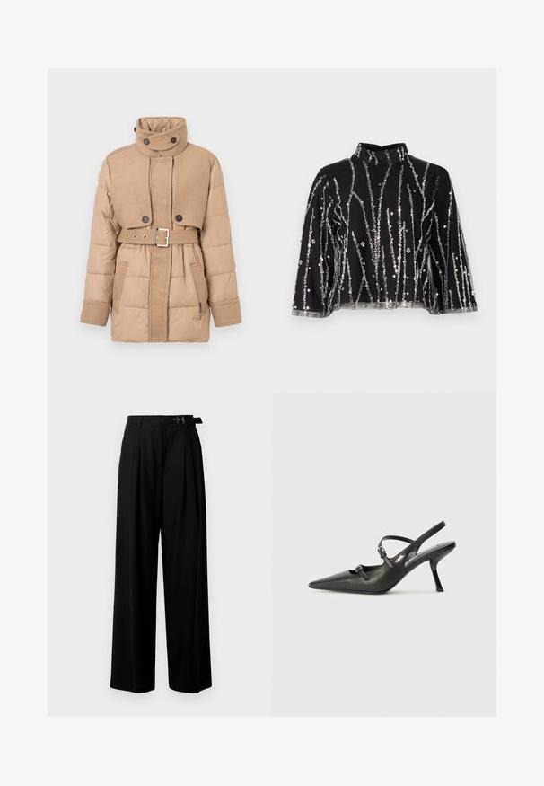 Tan puffermantel med bälte i midjan, hög krage, två svarta knappar och kontrasterande tygstrukturer. Har sidofickor.; Svart kort topp med hög hals, prydd med silverfärgade paljetter i vertikala linjer, genomskinliga ärmar och texturerad väv.; Svarta byxor med vida ben och hög midja, med veck framtill och ett bälte med spänne. Tillverkade av ett mjukt, lätt tyg.; Svarta läderklackar med slingback, spetsig tå, smal klack och dekorativ spänndetalj på ovansidan. Slät struktur och stilren design.