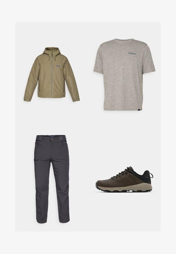 Alyvuogių spalvos su kapišonu striukė su priekiniais užtrauktukais, dviem užtrauktukais uždaromomis šoninėmis kišenėmis, reguliuojamais rankogaliais ir Patagonia logotipu ant krūtinės.; Pilkas trumpas rankovės marškinėliai, pagaminti iš minkštos, tekstūruotos medžiagos, ant kairiojo krūtinės puikuojasi mažas mėlynas Patagonia logotipas. Be papildomų raštų.; Tamsiai pilki kelnės, pagamintos iš patvarios medžiagos, su užtrauktuku užsegamu kišeniu, tiesiu kirpimu ir diržo kilpom pritaikytiems dydžiams.; Rudi nepralaidūs sportbačiai su tekstūruota viršutine dalimi, perforuotomis detalėmis, juodu kulno palaikymu ir pilku guminio padu. Šniūreliai yra dekoruoti metaliniais galais.