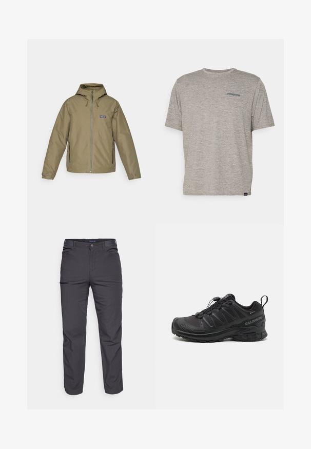 Alyvuogių spalvos su kapišonu striukė su priekiniais užtrauktukais, dviem užtrauktukais uždaromomis šoninėmis kišenėmis, reguliuojamais rankogaliais ir Patagonia logotipu ant krūtinės.; Pilkas trumpas rankovės marškinėliai, pagaminti iš minkštos, tekstūruotos medžiagos, ant kairiojo krūtinės puikuojasi mažas mėlynas Patagonia logotipas. Be papildomų raštų.; Tamsiai pilki kelnės, pagamintos iš patvarios medžiagos, su užtrauktuku užsegamu kišeniu, tiesiu kirpimu ir diržo kilpom pritaikytiems dydžiams.; Juodas sportinis batas su tekstūruotu sintetiniu apvalkalu, paminkštintu padu ir greito užrišimo sistema. Yra sustiprinta nosis ir kulnas.