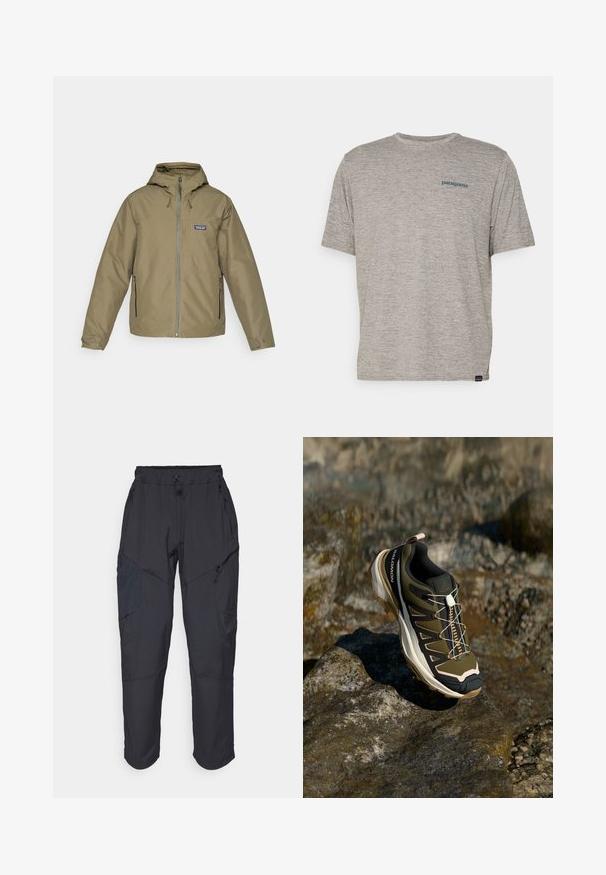 Maslinasto zelena jakna s kapuljačom, prednjim zatvaračem, dva bočna džepa sa zatvaračem, podesivim manžetama i Patagonia logotipom na prsima.; Siva majica kratkih rukava izrađena od mekane, teksturirane tkanine s malim plavim Patagonia logotipom na lijevoj strani prsiju. Bez dodatnih uzoraka.; Crne cargo hlače izrađene od laganog, vodootpornog materijala; imaju elastičnu utakmicu u struku, više munje na džepovima i sužene nogavice.; Planinarska obuća u maslinasto zelenoj i crnoj boji s ružičastim akcentima. Ima teksturirani gornji dio, fleksibilnu podlogu, ojačan vrh i šareni sustav vezanja.