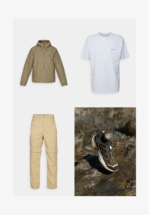 Olive green hooded jacket with front zipper, two zippered side pockets, adjustable cuffs, and Patagonia logo on chest.; White cotton t-shirt with short sleeves, round neck, and a left chest pocket featuring a blue "Patagonia" logo. Classic fit with a smooth texture.; Beige zip-off pants with a smooth texture, featuring two side pockets, a button closure, and roll-up cuffs for versatility.; Hiking shoe in olive green and black with pink accents. Features a textured upper, flexible sole, reinforced toe cap, and colorful lacing system.