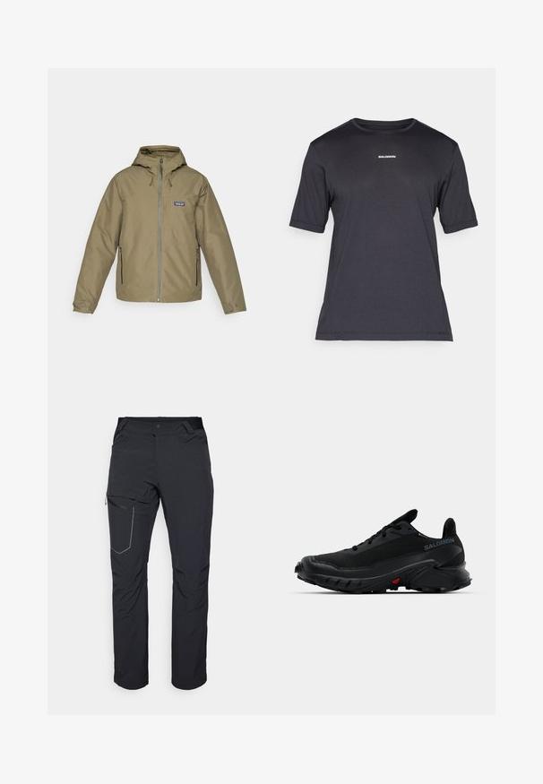 Casaco com capuz verde-oliva, com fecho dianteiro, dois bolsos laterais com zípper, punhos ajustáveis e logótipo da Patagonia no peito.; T-shirt de desempenho preta de manga curta, feita de tecido respirável, com decote redondo e pequeno logótipo branco "SALOMON" no peito.; Calças de exterior pretas com um bolso com fecho na coxa, cintura elástica e tecido liso e resistente à água. Design limpo, sem logótipos visíveis.; Tênis esportivos pretos com um cabedal texturizado, bico arredondado e solado de borracha proeminente. Apresenta um logotipo na lateral e detalhes vermelhos na sola.