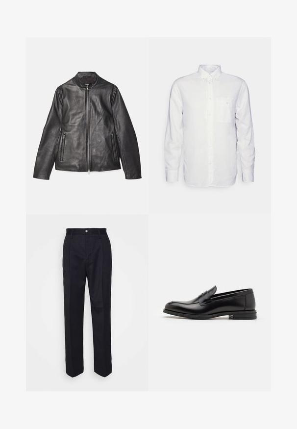 Theory MORVEK KELLEHER - Kožená bunda - black; Dlouhý rukáv bílá košile vyrobená z bavlny, s límcem na knoflíky, přední kapsou a běžným střihem. Texturovaná tkanina s hladkým povrchem.; Černé kalhoty na míru s rovně střiženým designem, vyrobené z hladké látky, s předním zapínáním na knoflík a dvěma bočními kapsami.; Černé kožené polobotky s hladkou texturou, zaoblenou špičkou a zdobným páskem přes nárt. Nízký stohovaný podpatek, minimalistický design.