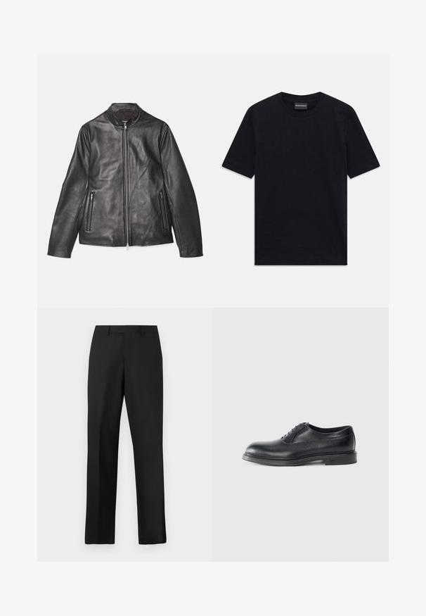 Theory MORVEK KELLEHER - Leather jacket - black; Black short-sleeve crew neck T-shirt with subtle embossed pattern and brand label inside collar, laid flat on white background.; Black, straight-leg trousers made of smooth fabric. Features a standard waistband and no visible patterns or accents.; Black leather shoe with a textured finish, round toe, five eyelets, and a low profile sole. Features a subtle logo on the heel.