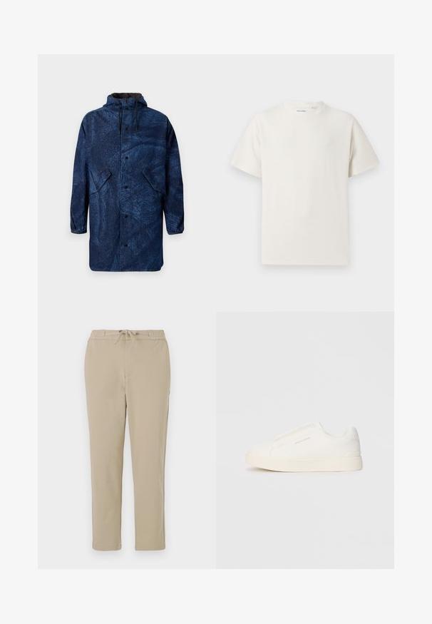 Casaco longo azul-marinho com um padrão texturizado, apresentando um capuz, botões de pressão e dois bolsos laterais. O tecido parece suave e leve.; T-shirt branco de manga curta em textura canelada. Gola redonda, ajuste descontraído, sem padrões ou detalhes visíveis. Design simples e versátil.; Calças de lounge bege com cintura elástica e cordão, apresentando um design de perna reta e uma textura suave e macia.; Sapatilhas brancas de atacar com uma superfície texturizada, sola grossa e design minimalista. Possui o logo da marca na lateral.