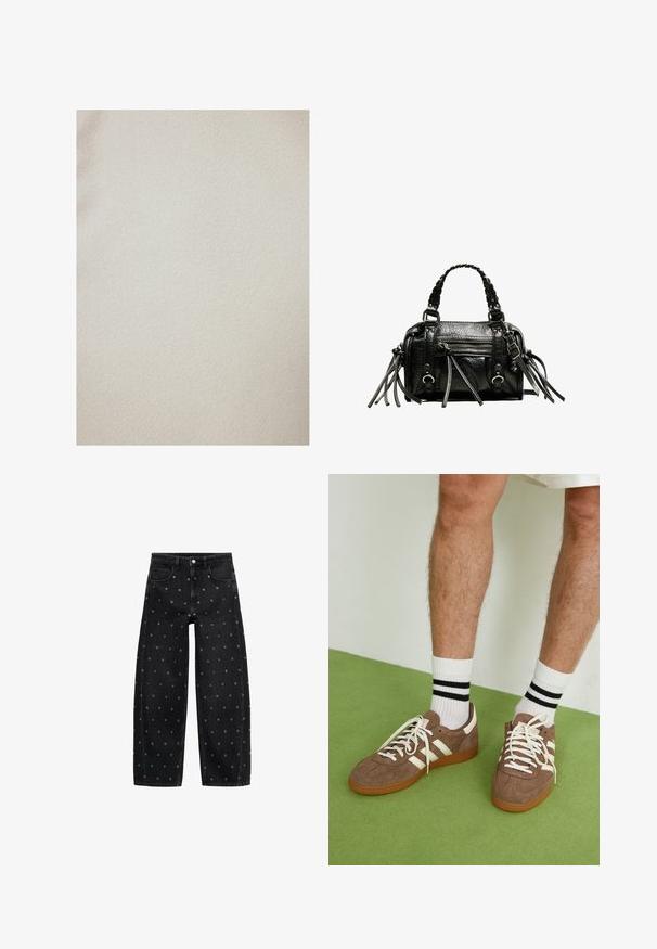 Touché Privé GOLD BUTTONED - Light jacket - cream; Beige corset top with leopard print, featuring thin adjustable straps, a structured design, and vertical stitching for shape.; Black denim wide-leg jeans featuring a pattern of small silver grommets, with a classic five-pocket design and button front closure.; Brown suede sneakers with white accents and laces. Rubber gum sole. Worn with white socks featuring black stripes. Green textured flooring.; Black leather handbag with braided handles, textured surface, zippered front pocket, and decorative fringe accents. Compact and structured shape.