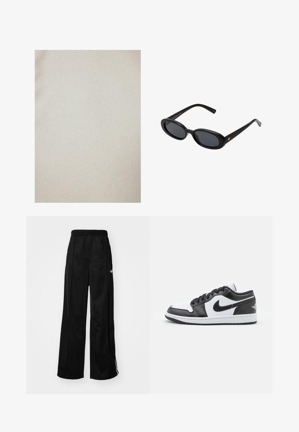 Touché Privé GOLD BUTTONED - Könnyű dzseki - cream; Hosszú ujjú, fehér, rövidített póló, puha anyagból készült, kerek nyakkal és laza szabással, felgöngyölt ujjaival. Egyszerű és letisztult design.; Fekete, bő szárú tréningnadrág, elasztikus derékkal, fehér oldalsávokkal és egy kis logóval a bal csípőn. Sima anyag textúrával.; Fekete-fehér Nike alacsony szárú sportcipők sima bőrből készültek, kerek orrúak, fűzős záródásúak, és mintás gumitalppal rendelkeznek.; Fekete, oversize napszemüveg ovális lencsékkel, sima műanyag kerettel és arany részletekkel a fülpánton. Sötét lencséi védelmet nyújtanak a napfény ellen.