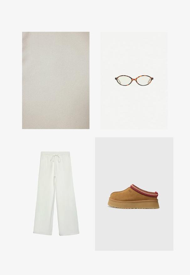 Touché Privé GOLD BUTTONED - Overgangsjakke - cream; Hvid kortærmet t-shirt lavet af bomuld. Har en rund halsudskæring og en afslappet pasform. Glat tekstur uden synlige mønstre eller detaljer.; Hvide bukser med bred ejer lavet af blødt stof. Har en elastisk talje med snor og en glat tekstur. Ingen synlige mønstre eller hardware.; Brune ruskinds slip-on sko med røde og cremefarvede mønstrede kanter, tekstureret sål og UGG-logo på siden. Har en let platformhøjde.; Skildpaddebriller med ovale linser og en elegant, glat finish. Har tynde sider med en subtil kurve ved tindingerne. Klare linser.