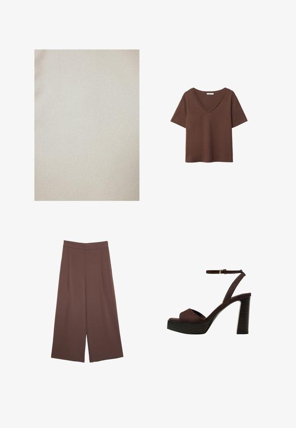 Touché Privé GOLD BUTTONED - Ľahká bunda - cream; Hnedé bavlnené tričko s krátkymi rukávmi a hlbokým V-výstrihom. Jednoduchý dizajn, jemná textúra a rovný lem. Bez vzorov alebo akcentov.; Hnedé nohavice so širokými nohavicami a hladkou textúrou, s vysokým pásom a prednými skladmi. Tkanina je ľahká a voľne sa pohybuje.; Hnedé semišové sandále na vysokom podpätku s otvorenou špičkou, nastaviteľným členkovým remienkom a pruhovanou platformovou podrážkou.