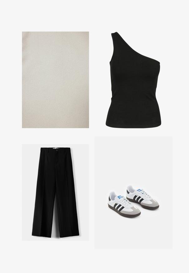 Touché Privé GOLD BUTTONED - Light jacket - cream; Black, one-shoulder tank top made of smooth fabric, featuring a fitted silhouette and a clean, stitched neckline. No visible patterns or accents.; Black wide-leg trousers made of lightweight fabric, featuring a front button closure and flat front, with neatly stitched hems.; Sport shoes with a white leather upper, gray suede toe, and three black stripes. Features a blue logo on the tongue and a textured rubber sole.