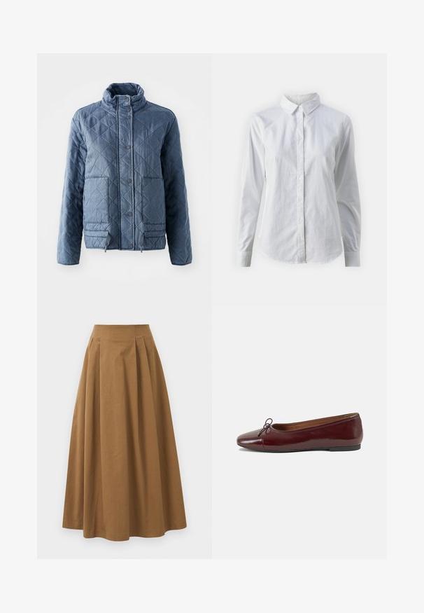 Prešívaná bunda tmavomodrej farby s vysokým golierom, gombíkmi a dvoma prednými vreckami. Mäkká tkanina s textúrovaným, izolačným vzhľadom.; Biela košeľa s gombíkmi vyrobená z hladkej bavlny, s klasickým golierom, dlhými rukávmi a zakriveným lemom. Gombíky sú malé a biele.; Hnedá bavlnená sukňa A-línie s vysokým pásom, so skladmi vpredu a hladkou textúrou. Hranice sú čisté a jednoduché.; Burgundské lakované balerínky s okrúhlou špičkou, malou mašľou na prednej strane a nízkou čiernou gumovou podrážkou. Hladký povrch.