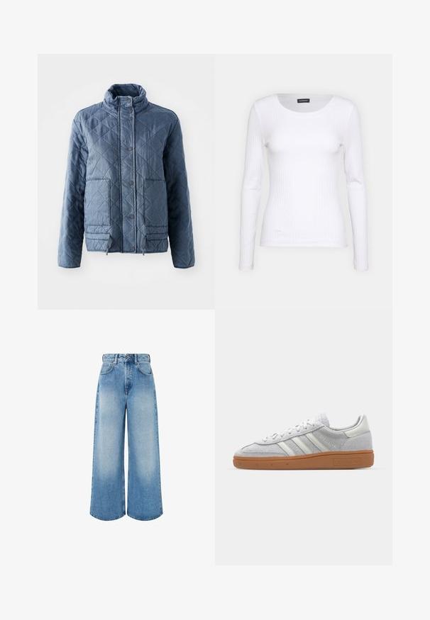 Quiltet jakke i mørkeblå, med høj krave, knapper og to forlommer. Blødt stof med en tekstureret, isoleret fremtoning.; Hvid ribbet langærmet trøje med rund halsudskæring. Fremstillet af et strækstof, der sidder tæt til kroppen. Har subtile horisontale linjer.; Lyseblå vidde jeans lavet af denim, med høj talje, knaplukning og subtil falmning med rene kantkanter.; Lys grå ruskinds sneaker med hvide læderdetaljer, tre hvide striber og en brun gummisål, der har en polstret krave for komfort.