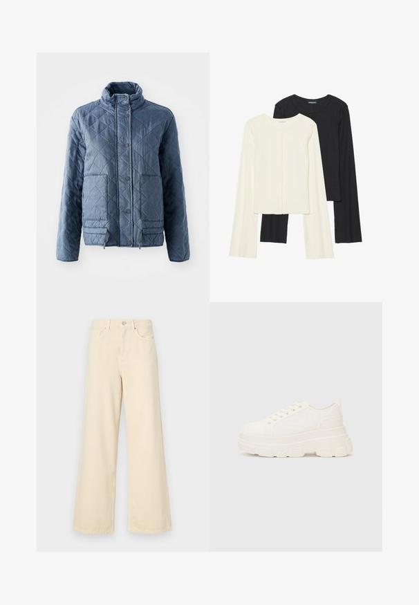 Jachetă quilted de culoare albastru închis, cu guler înalt, nasturi și două buzunare frontale. Material moale cu un aspect texturat și izolat.; Set de două bluze cu mâneci lungi, una albă și una neagră. Textură ribbată, decolteu rotund, design ajustat cu mâneci ușor evazate.; Blugi bej cu croi larg, din bumbac. Au închidere cu nasture, bucle pentru curea și buzunare frontale, cu o textură netedă și moale.; Tenisi albi din pânză cu o talpă groasă, vârf rotund și cinci gauri pentru șireturi. Tab pentru ușurința la încălțare. Textură netedă, design minimalist.